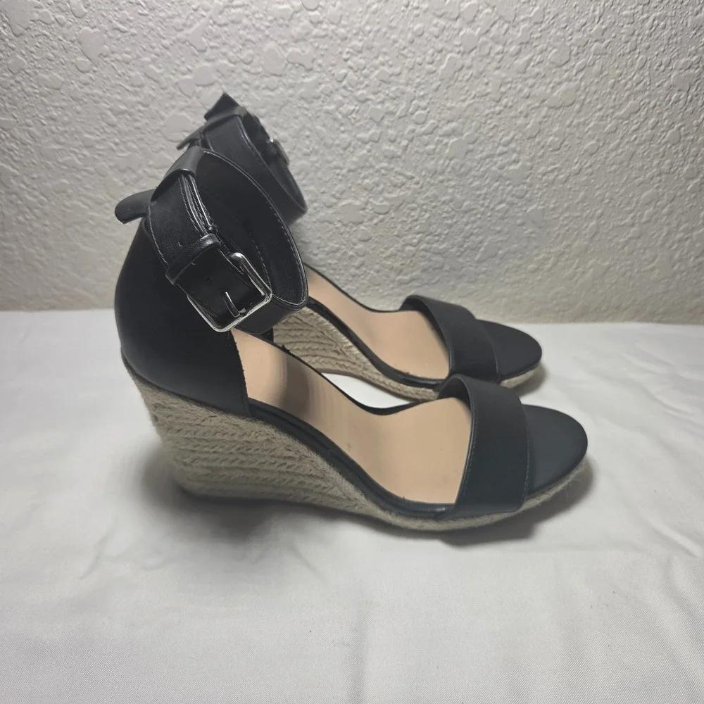 A New Day Black Espadrille Wedge Sandals Ankle Strap Jute Heel Women 8.5